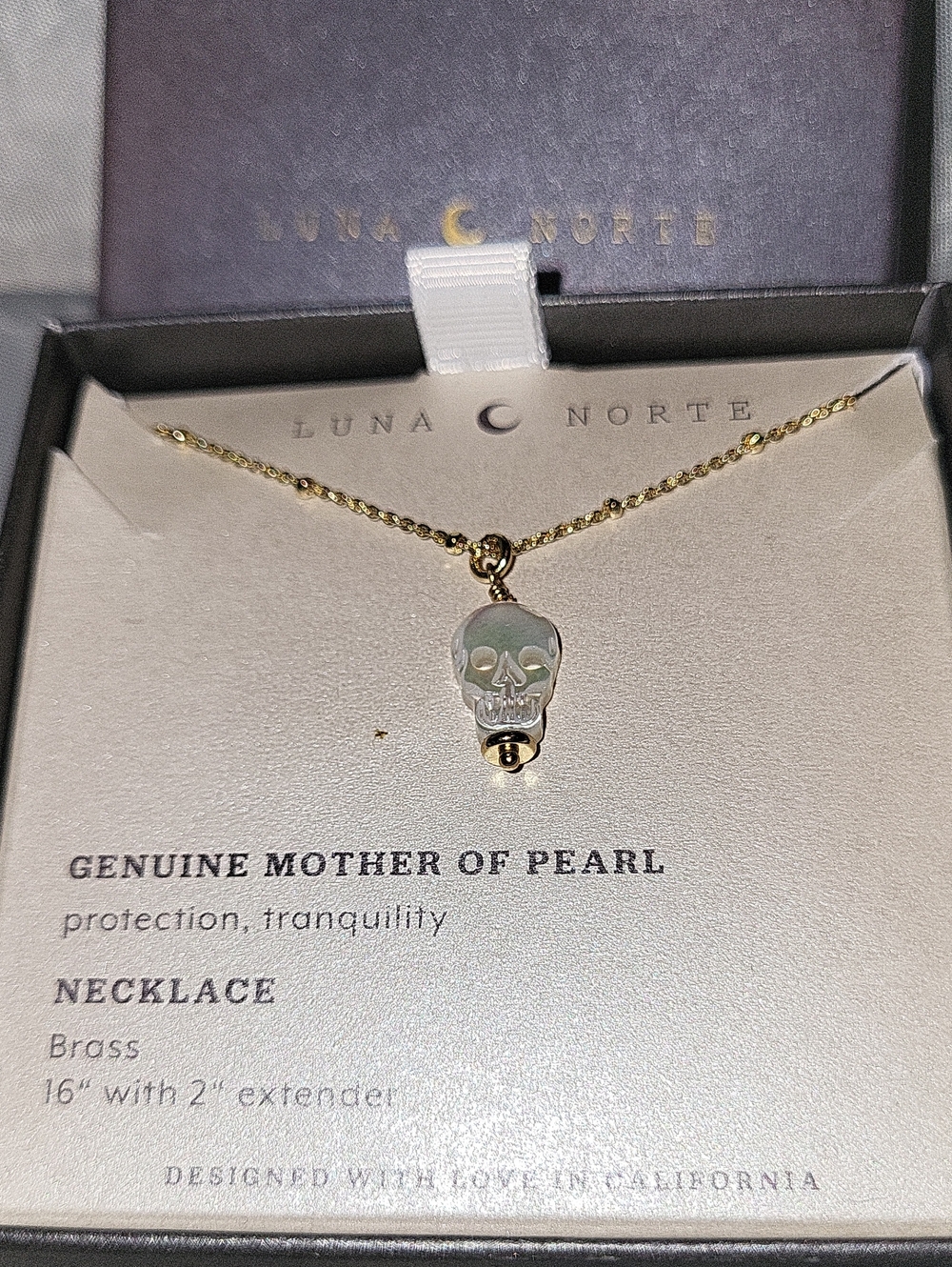 Luna Norte Gold & Mother of Pearl Skull Necklace Bnib M Te